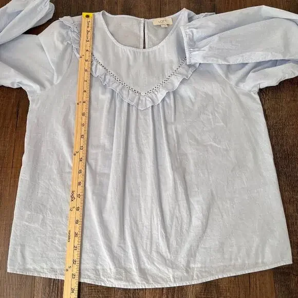 Loft Ruffle Long Sleeve Blouse Cotton Sheer Cottagecore Prairie Size Small Blue - Picture 12 of 16